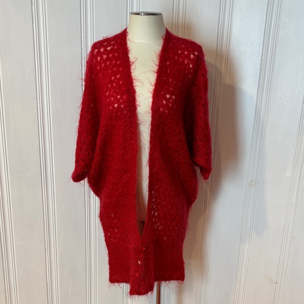 SOLANGE BRIEN Designer Red Mohair Crochet Cardigan w/ Batwing sleeves